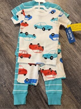 NWT Carter’s 4 Piece Car Pajama Set Boys 12M Blue Stripe Vehicle Sleepwear